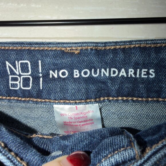 No Boundaries Distressed High Rise Denim Jean Shorts Blue Cutoff Frayed Hem - Picture 4 of 5